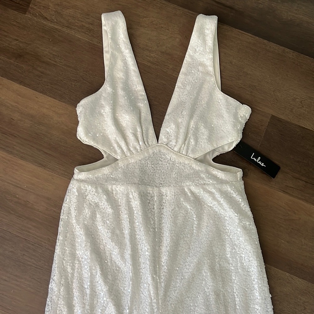 Lulu’s Long White Sequin Jumpsuit- Size S- NWT